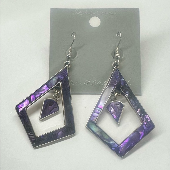 Vintage Taxco Mexican Alpaca Purple Abalone Large Diamond Shaped Earrings - Picture 4 of 5